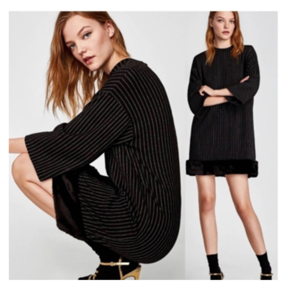 Zara Dress size S striped above knee wide sleeve stretchy faux fur FAST SHIPPING